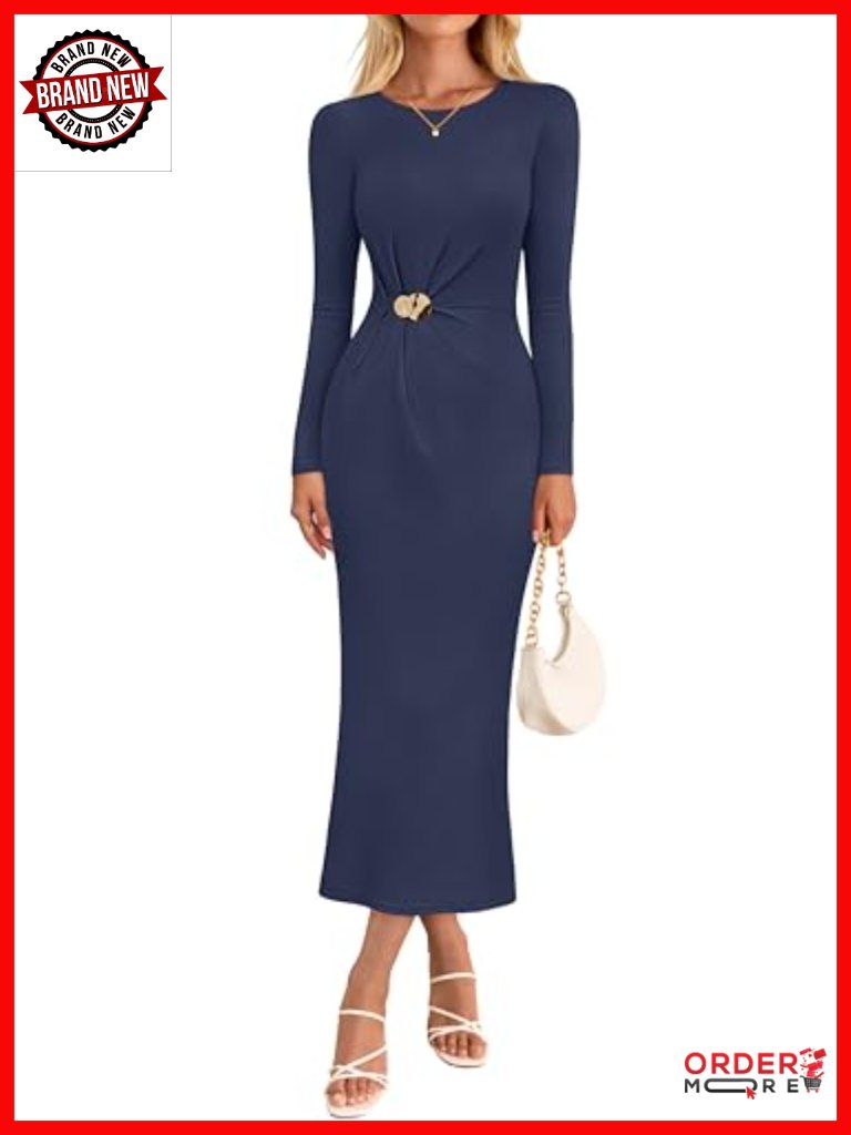 Women's Bodycon Midi Dress With Twist Front And Gold Accent